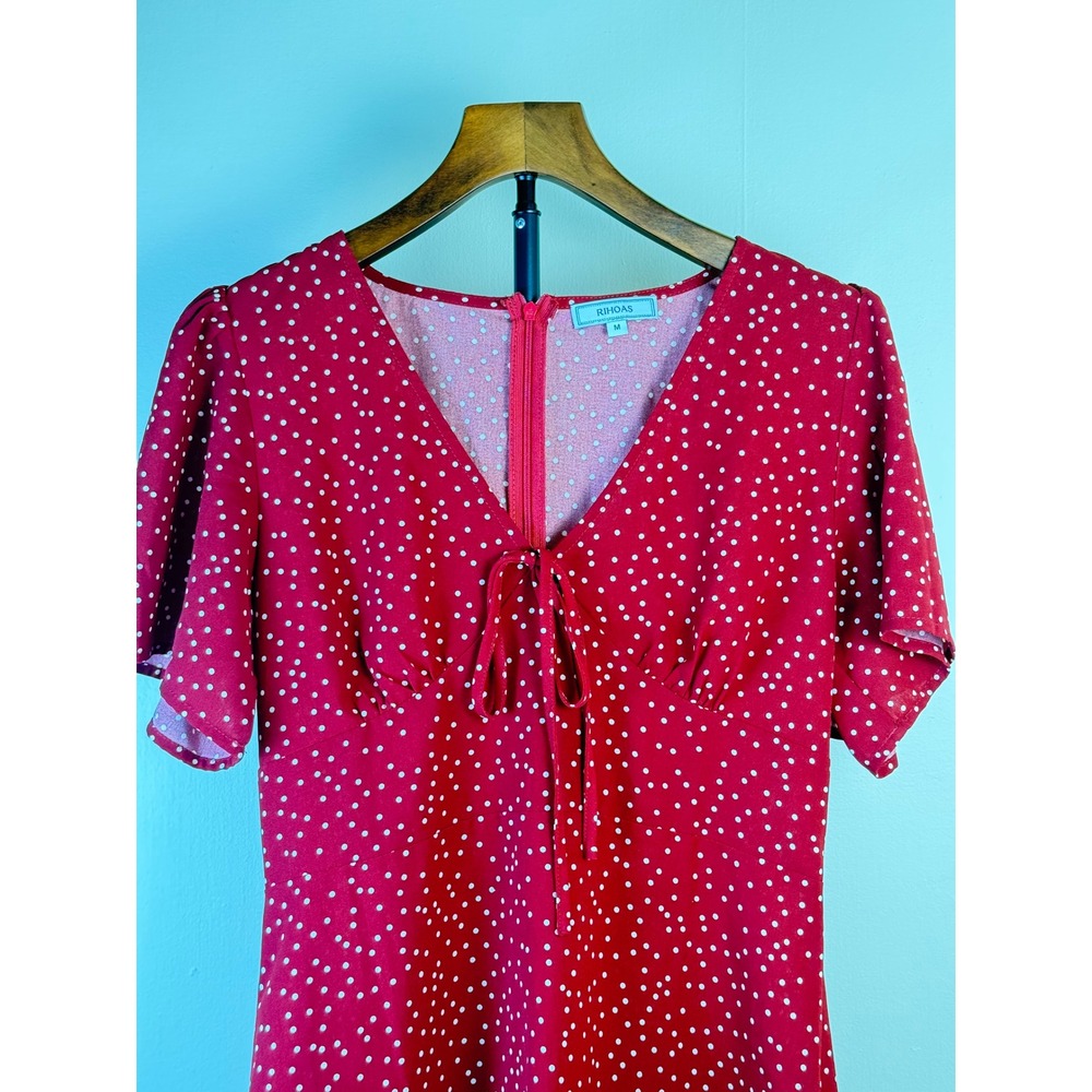 Rihoas Womens The Red V Neck Polka Dot Flounce Mini Dress Medium Flowy Summer - Picture 7 of 16